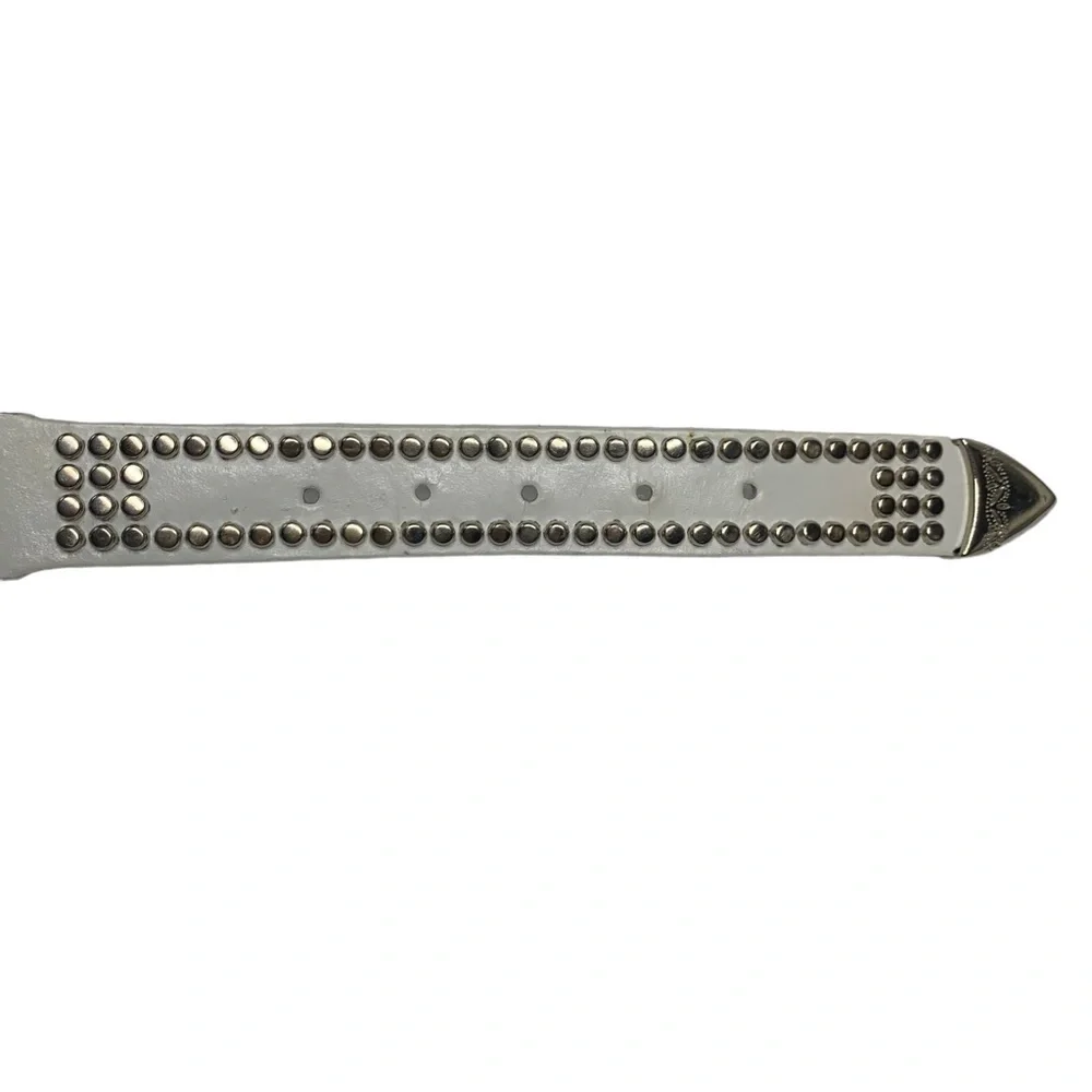 White Leather Western Highly Decorated 206 Silver Rivets 11 Square Accents Belt